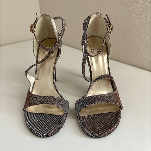 ✨STUART WEITZMAN Vixen Glitter Metallic Woven Strappy Sandals Pyrite Size 6.5 - Picture 3 of 16